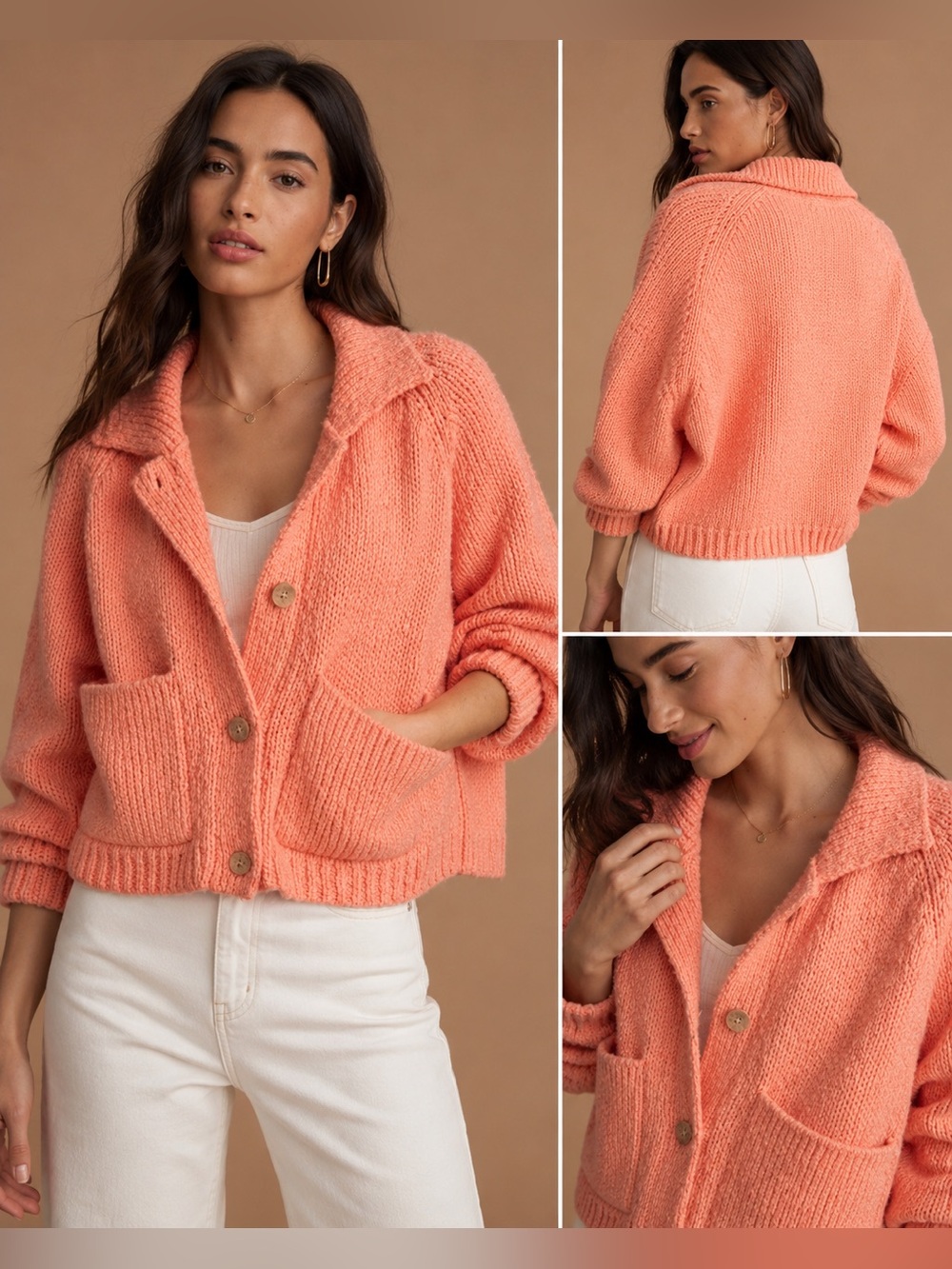 ✨ NWT Pilcro Anthropologie Chunky Knit Cardigan‎ Size M Coral Collared Sweater ✨